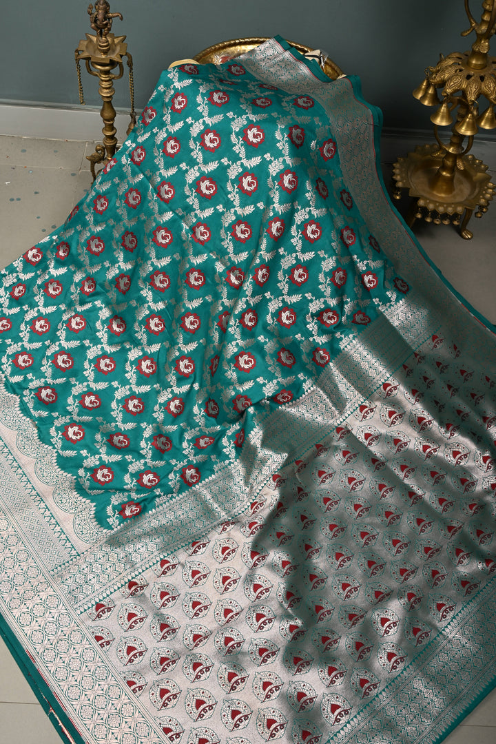 Rama Green Banarasi Semi Kora Saree with Meenakari Floral Jaal and Zari Border