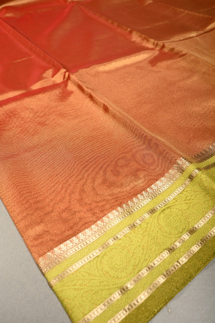 Pink Gold Tissue Semi Silk Saree with  Contrast Zari Border | SHOBITAM