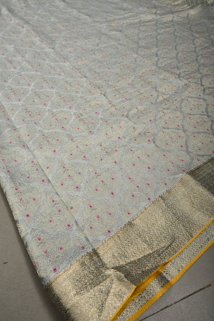 Grayish Blue Mysore Silk Saree with Meenakari Moroccan Brocade and Zari Border in KSIC Grade Thickness | SILK MARK CERTIFIED | SHOBITAM