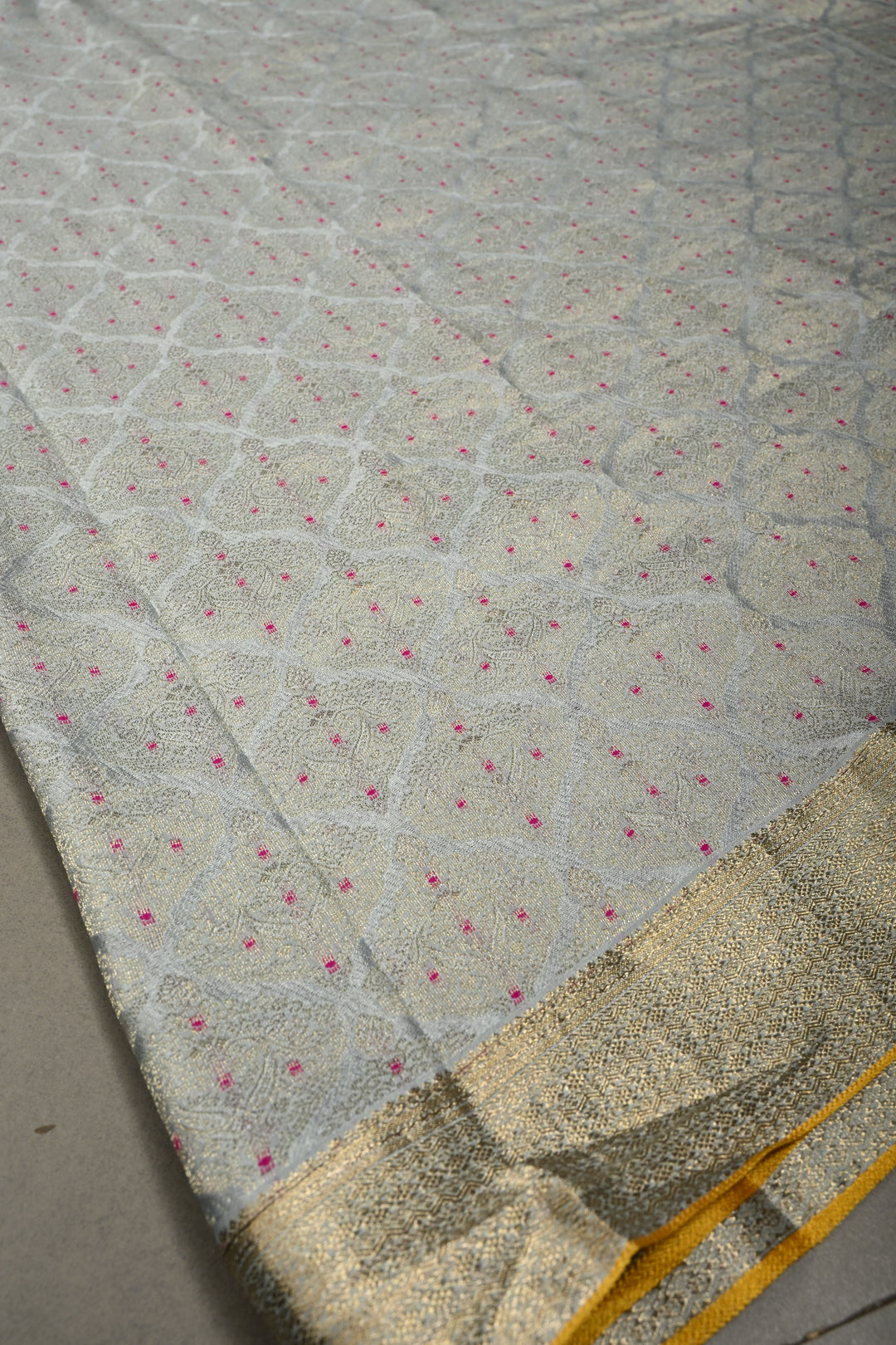 Grayish Blue Mysore Silk Saree with Meenakari Moroccan Brocade and Zari Border in KSIC Grade Thickness | SILK MARK CERTIFIED | SHOBITAM