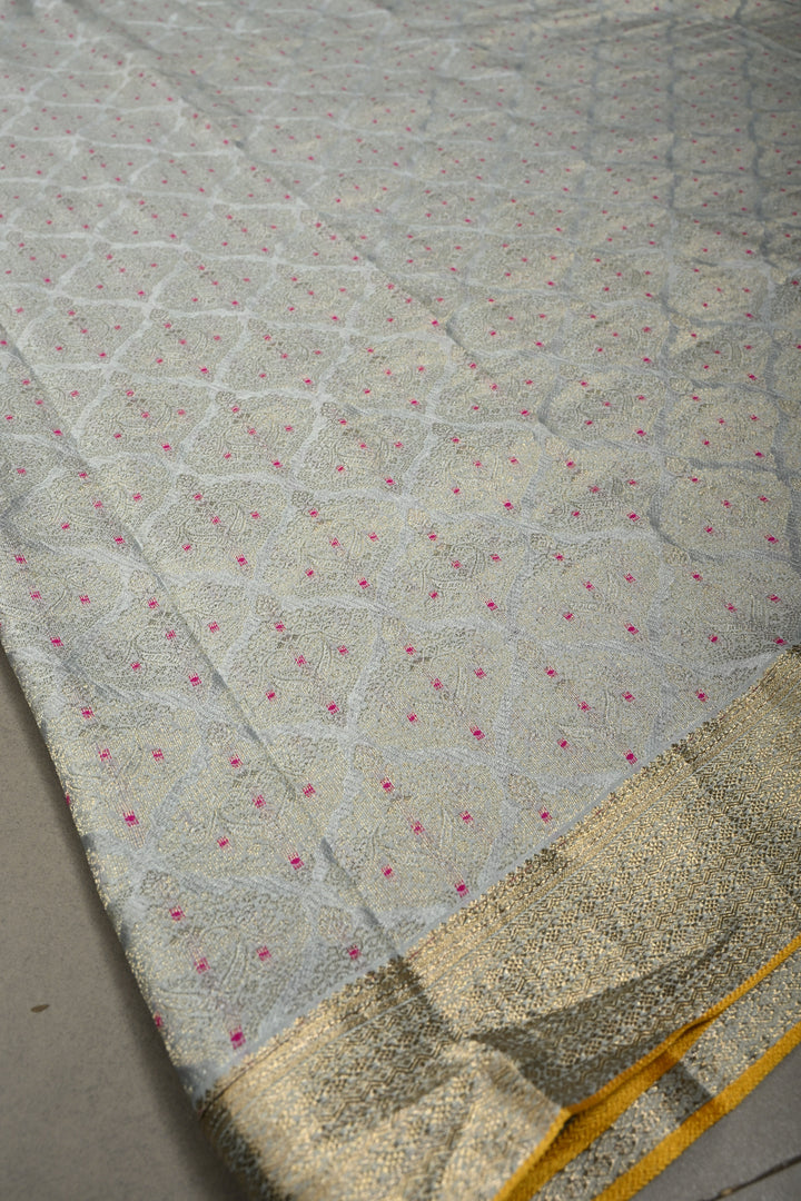 Grayish Blue Mysore Silk Saree with Meenakari Moroccan Brocade and Zari Border in KSIC Grade Thickness | SILK MARK CERTIFIED | SHOBITAM