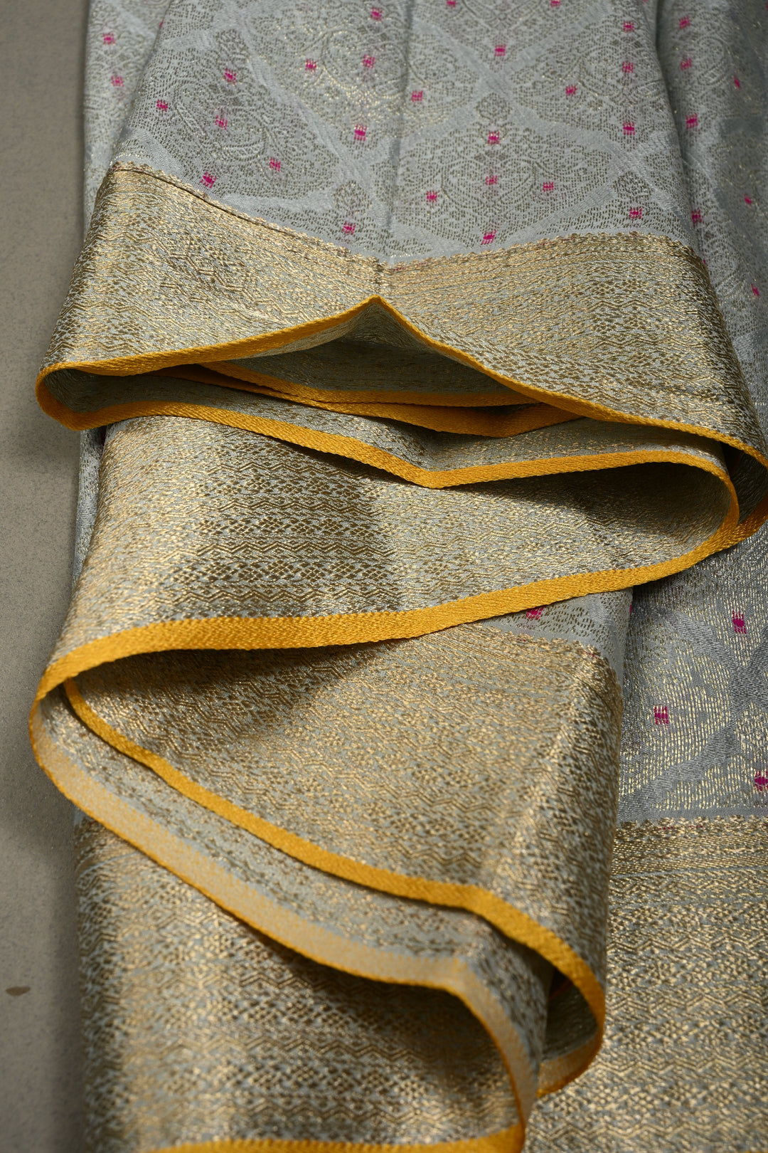 Grayish Blue Mysore Silk Saree with Meenakari Moroccan Brocade and Zari Border in KSIC Grade Thickness | SILK MARK CERTIFIED | SHOBITAM