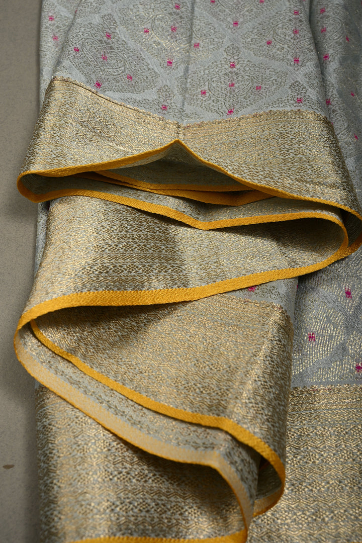 Grayish Blue Mysore Silk Saree with Meenakari Moroccan Brocade and Zari Border in KSIC Grade Thickness | SILK MARK CERTIFIED | SHOBITAM