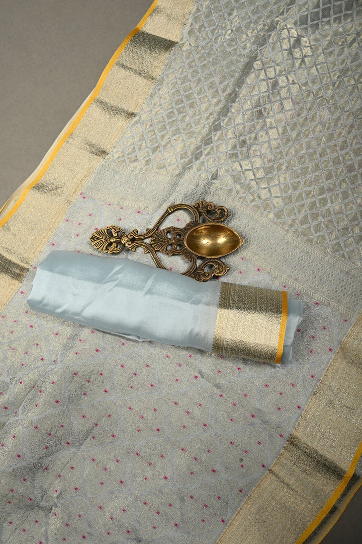 Grayish Blue Mysore Silk Saree with Meenakari Moroccan Brocade and Zari Border in KSIC Grade Thickness | SILK MARK CERTIFIED | SHOBITAM