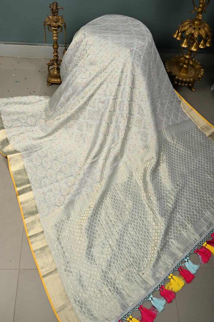 Grayish Blue Mysore Silk Saree with Meenakari Moroccan Brocade and Zari Border in KSIC Grade Thickness | SILK MARK CERTIFIED | SHOBITAM