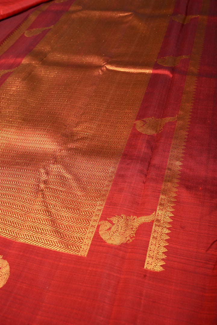 BrickMaroon Kanjivaram Pure Silk Saree with Distinct Peacock Motifs on Border | SILK MARK CERTIFIED