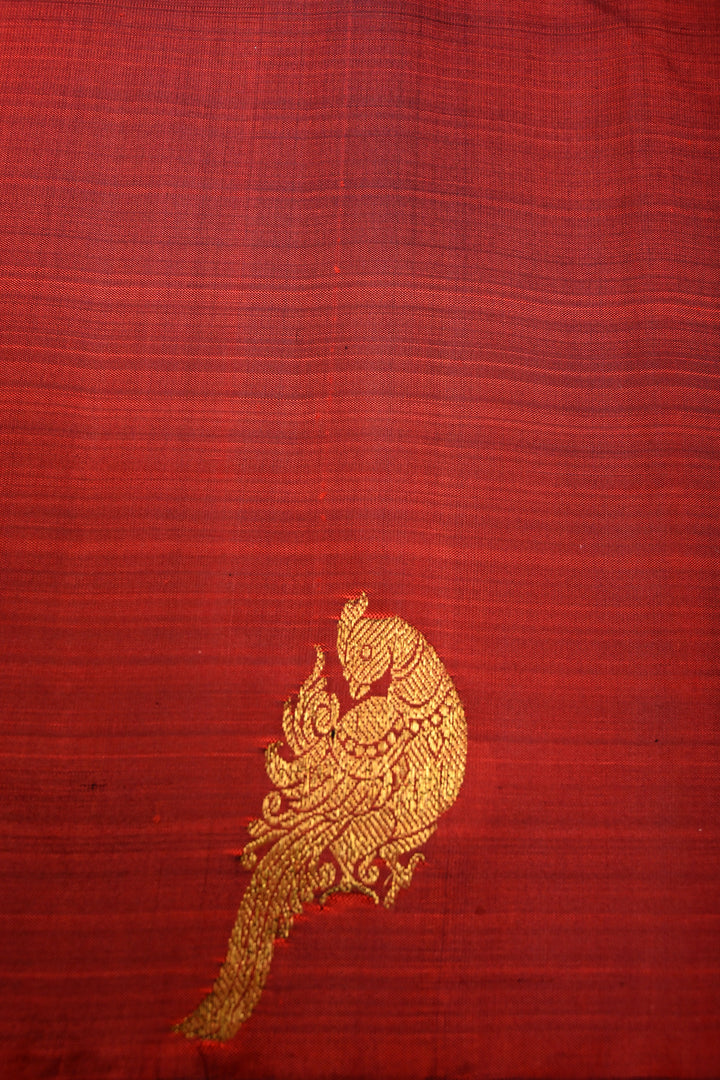 BrickMaroon Kanjivaram Pure Silk Saree with Distinct Peacock Motifs on Border | SILK MARK CERTIFIED