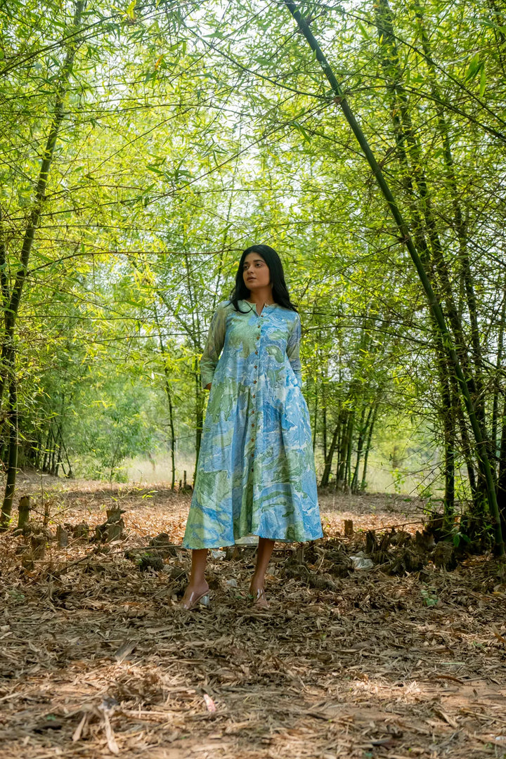 Bluegrass Marble Pure Cotton Dress | SHOBITAM