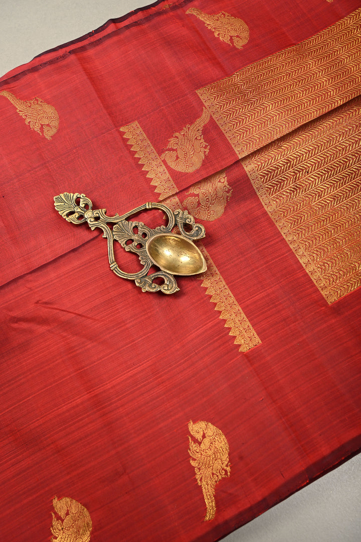 BrickMaroon Kanjivaram Pure Silk Saree with Distinct Peacock Motifs on Border | SILK MARK CERTIFIED