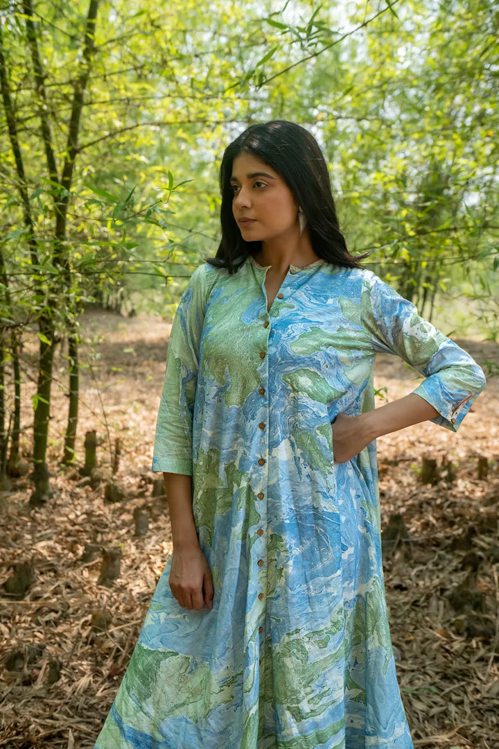 Bluegrass Marble Pure Cotton Dress | SHOBITAM