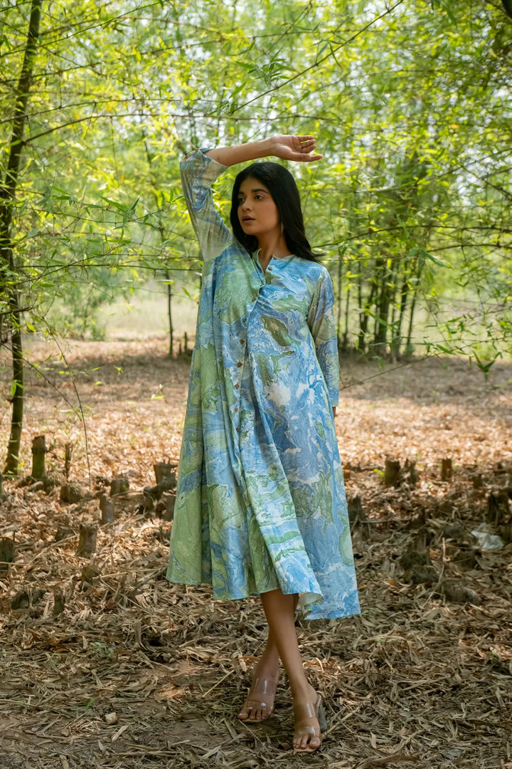 Bluegrass Marble Pure Cotton Dress | SHOBITAM