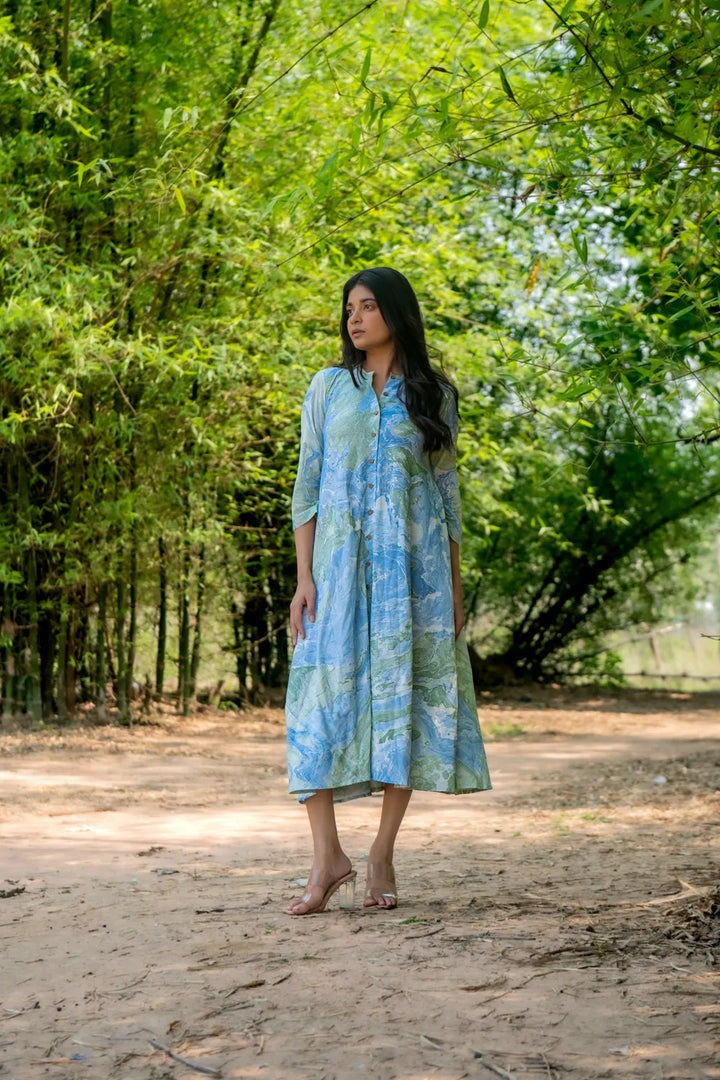 Bluegrass Marble Pure Cotton Dress | SHOBITAM