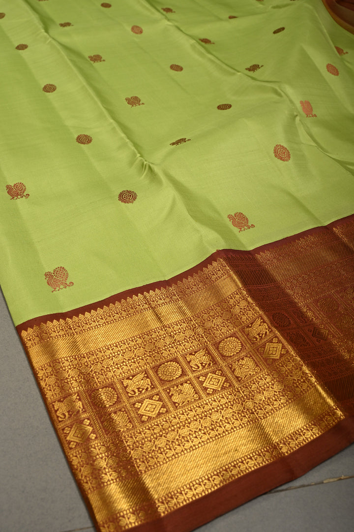 Pista Green Korvai Kanjivaram Pure Silk Saree with Thread Buttas and Contrast Zari Border | SILK MARK CERTIFIED
