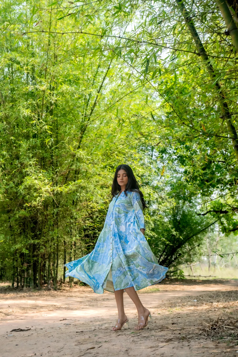 Bluegrass Marble Pure Cotton Dress | SHOBITAM