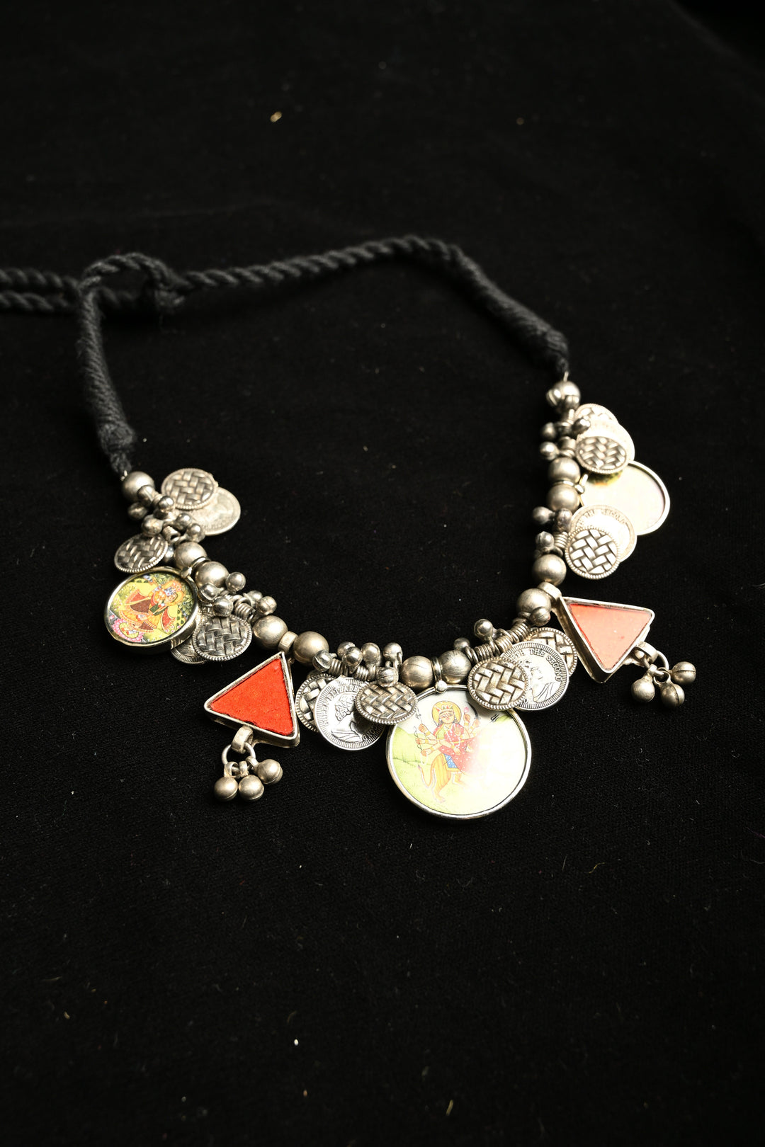 Vaishno Devi Photo-Coin Statement Real Glass Shivani Necklace with Brass and Antique Silver Polish