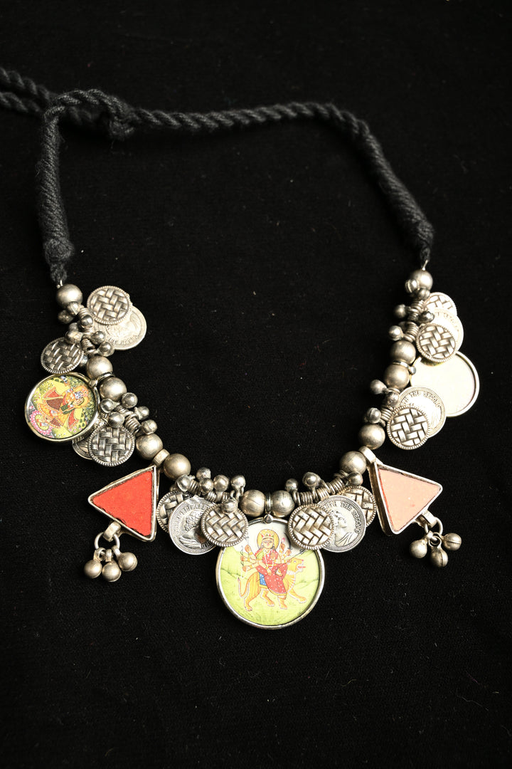 Vaishno Devi Photo-Coin Statement Real Glass Shivani Necklace with Brass and Antique Silver Polish