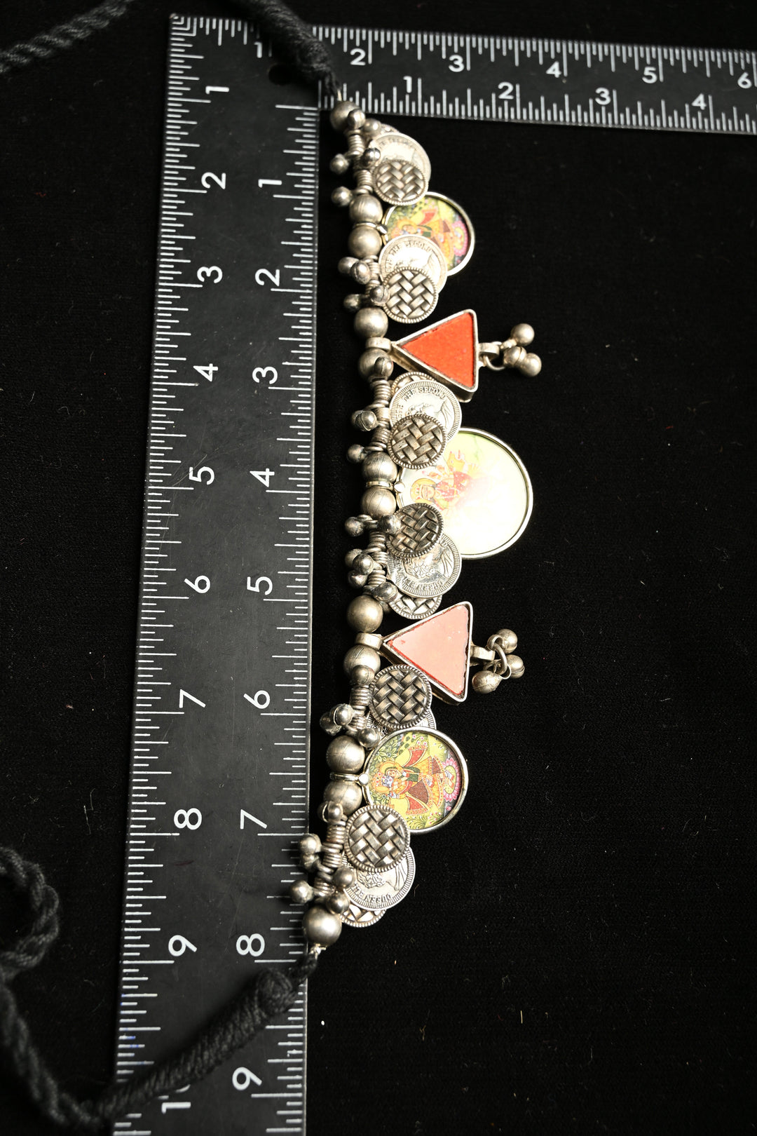 Vaishno Devi Photo-Coin Statement Real Glass Shivani Necklace with Brass and Antique Silver Polish