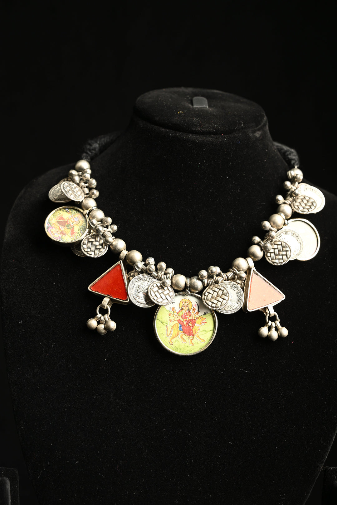 Vaishno Devi Photo-Coin Statement Real Glass Shivani Necklace with Brass and Antique Silver Polish