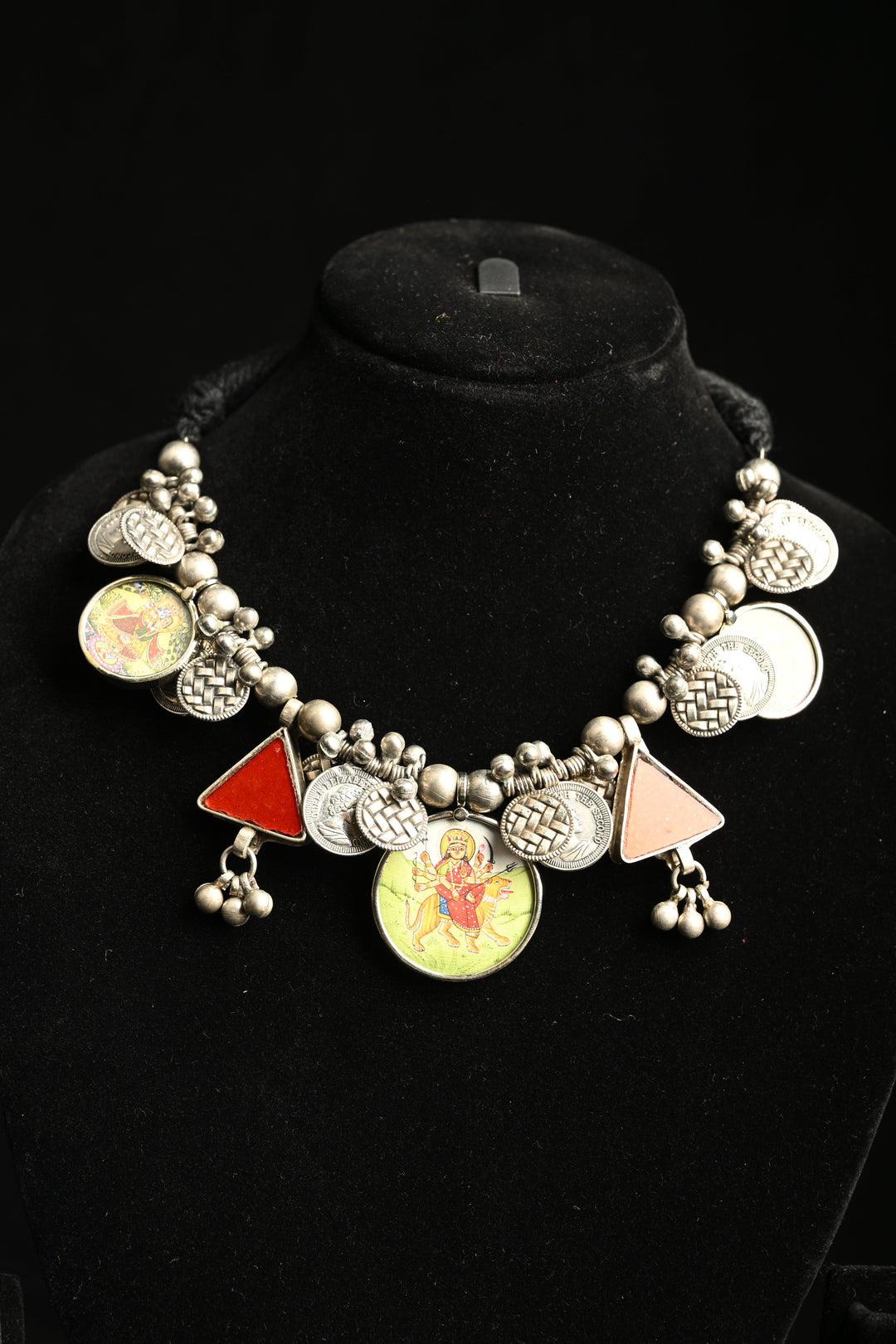 Vaishno Devi Photo-Coin Statement Real Glass Shivani Necklace with Brass and Antique Silver Polish