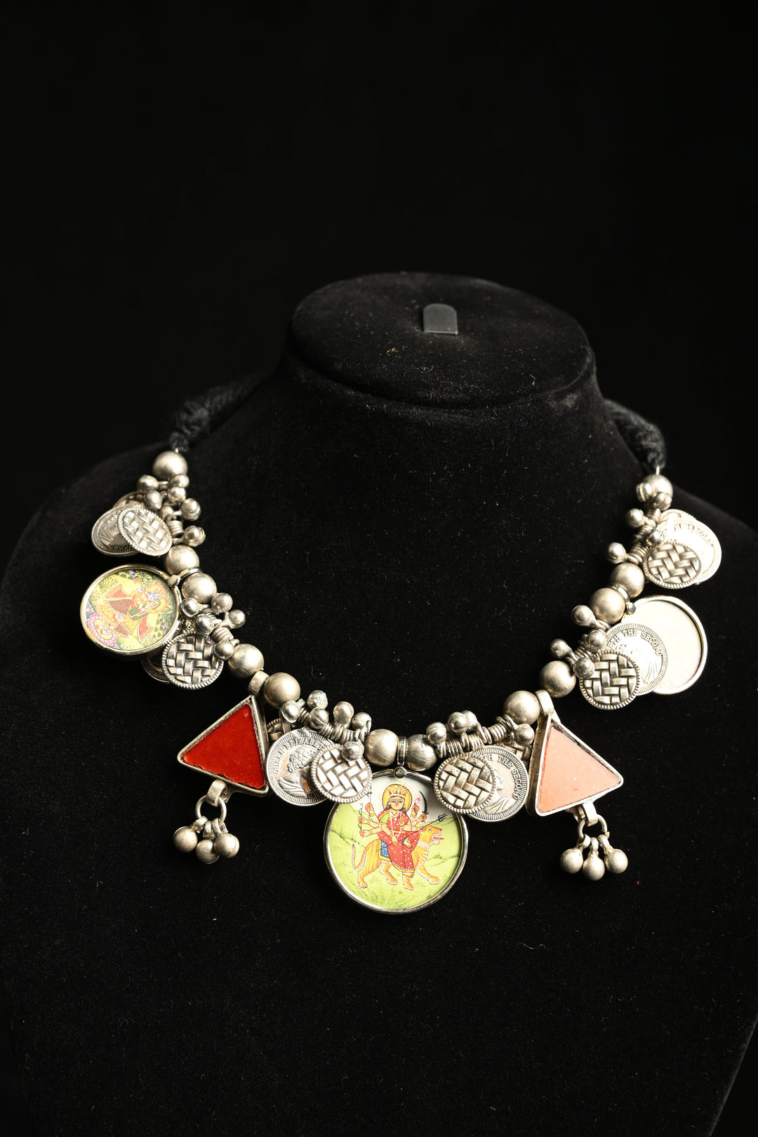Vaishno Devi Photo-Coin Statement Real Glass Shivani Necklace with Brass and Antique Silver Polish
