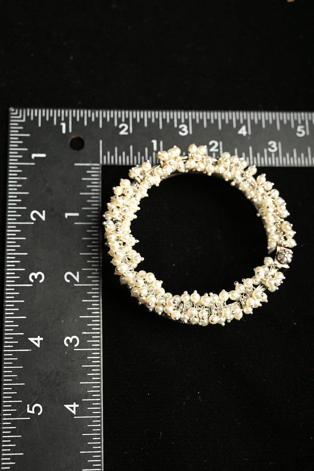White Fiza Bangle in Brass-stones and pearls with an Antique Silver Polish | SHOBITAM