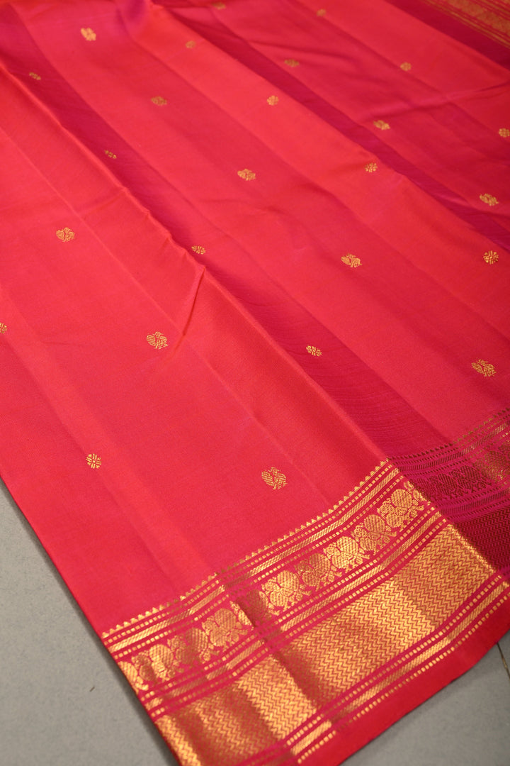 Pinkish Orange Dual tone Kanjivaram Pure Silk Saree with Zari Buttis and Zari Border | SILK MARK CERTIFIED