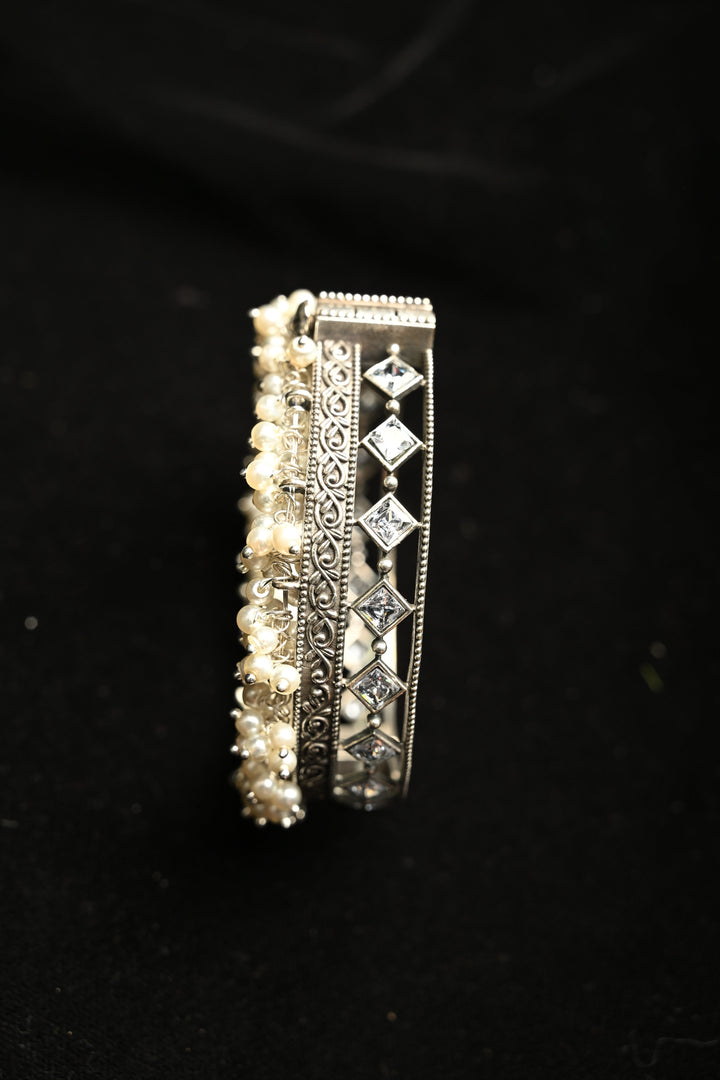 White Fiza Bangle in Brass-stones and pearls with an Antique Silver Polish | SHOBITAM