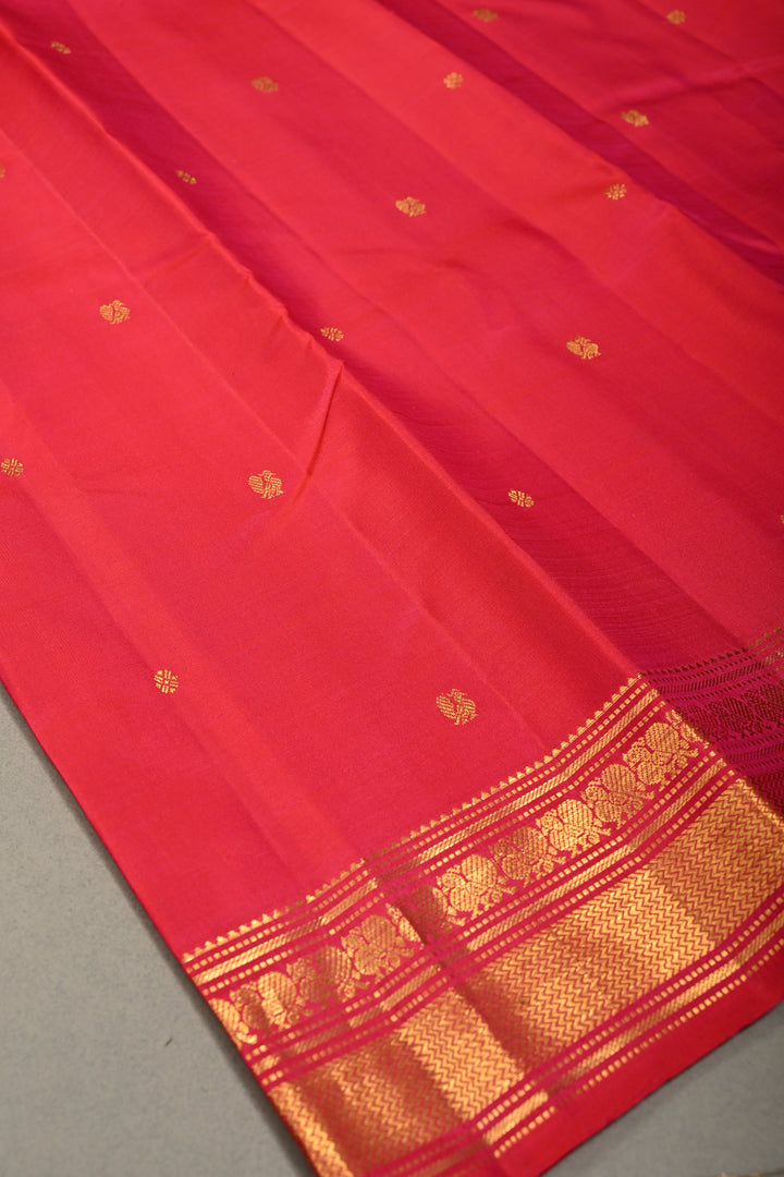 Pinkish Orange Dual tone Kanjivaram Pure Silk Saree with Zari Buttis and Zari Border | SILK MARK CERTIFIED