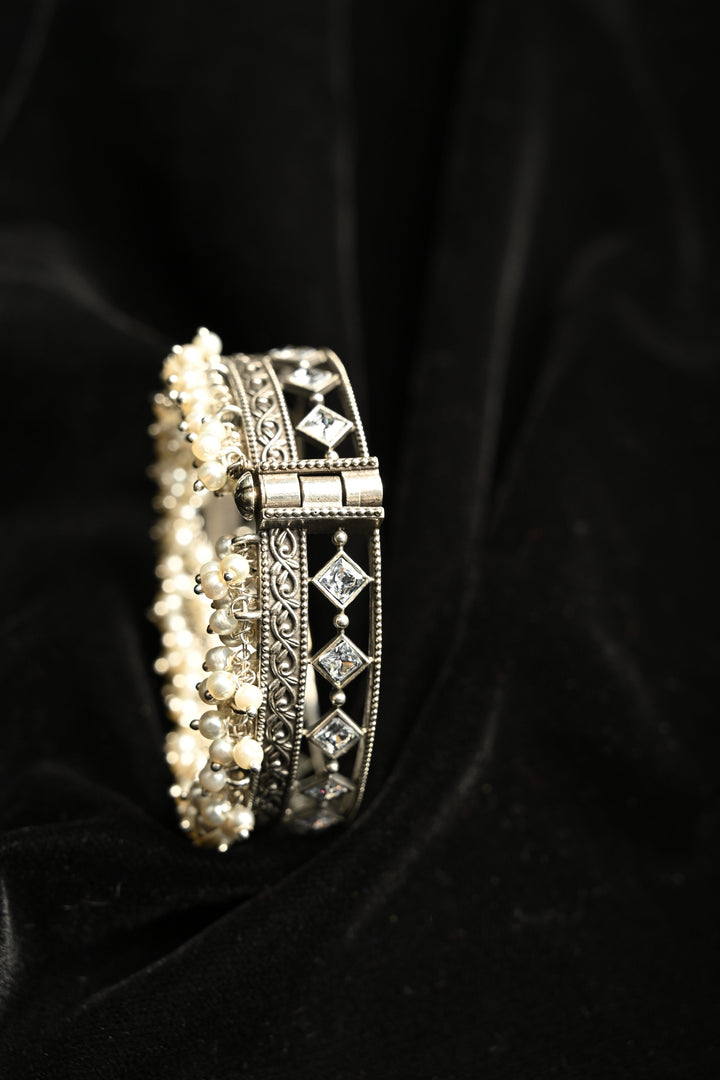 White Fiza Bangle in Brass-stones and pearls with an Antique Silver Polish | SHOBITAM