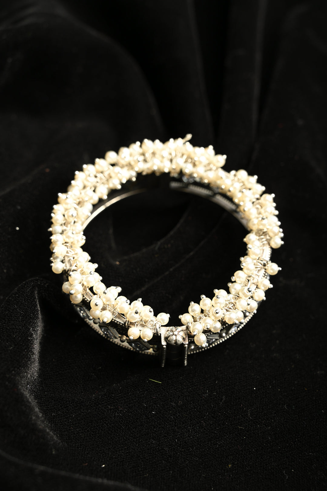 White Fiza Bangle in Brass-stones and pearls with an Antique Silver Polish | SHOBITAM