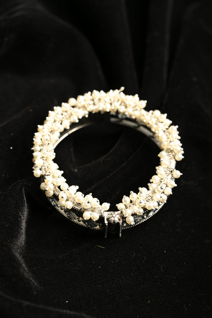 White Fiza Bangle in Brass-stones and pearls with an Antique Silver Polish | SHOBITAM