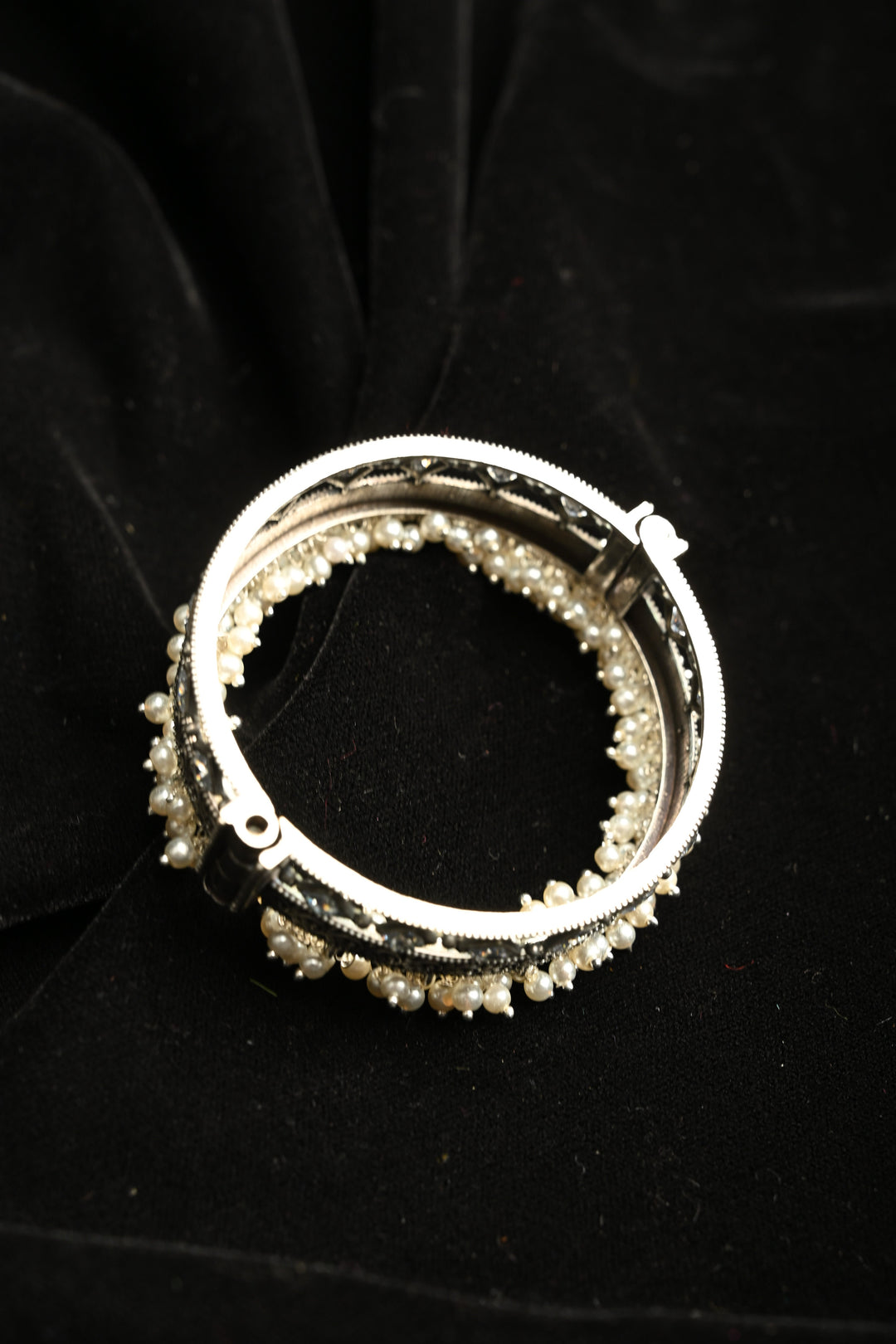 White Fiza Bangle in Brass-stones and pearls with an Antique Silver Polish | SHOBITAM