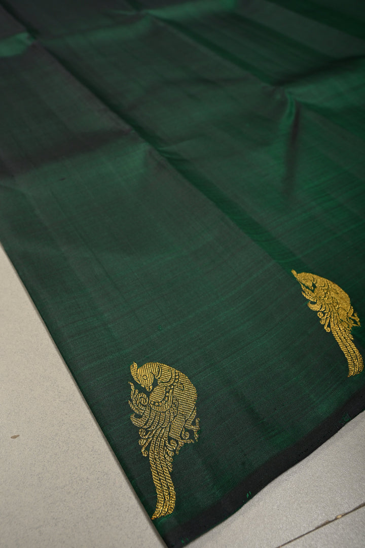 Green-Kanchana Dual tone Kanjivaram Pure Silk Saree with Distinct Parrot Motifs on Border | SILK MARK CERTIFIED