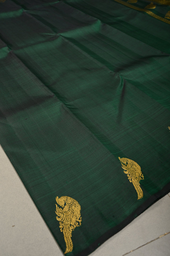 Green-Kanchana Dual tone Kanjivaram Pure Silk Saree with Distinct Parrot Motifs on Border | SILK MARK CERTIFIED
