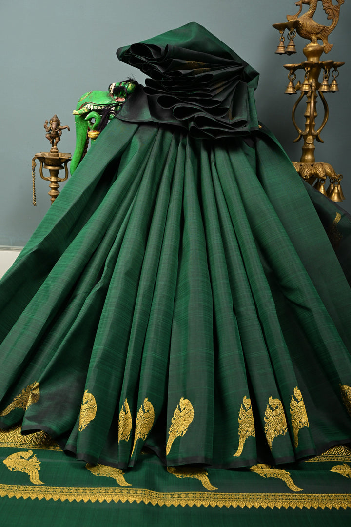 Green-Kanchana Dual tone Kanjivaram Pure Silk Saree with Distinct Parrot Motifs on Border | SILK MARK CERTIFIED