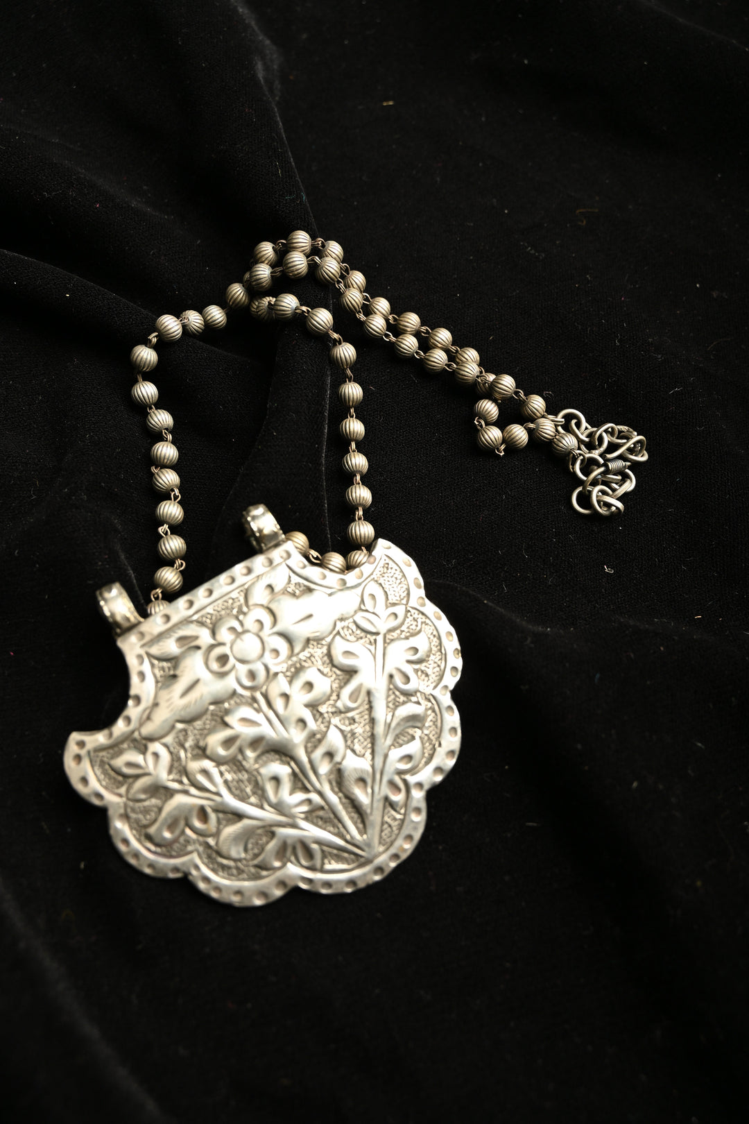 Dhruthi Necklace in Brass with an Antique silver polish| SHOBITAM