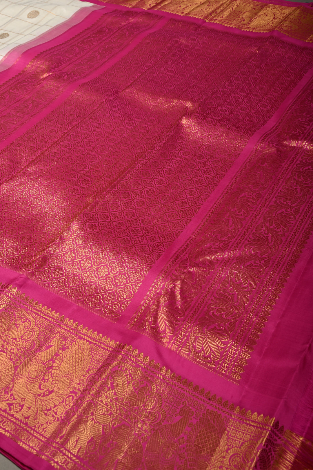 White Zari Checks on Korvai Gadwal Silk Saree with Zari Buttas and Contrast Zari Border | SILK MARK CERTIFIED