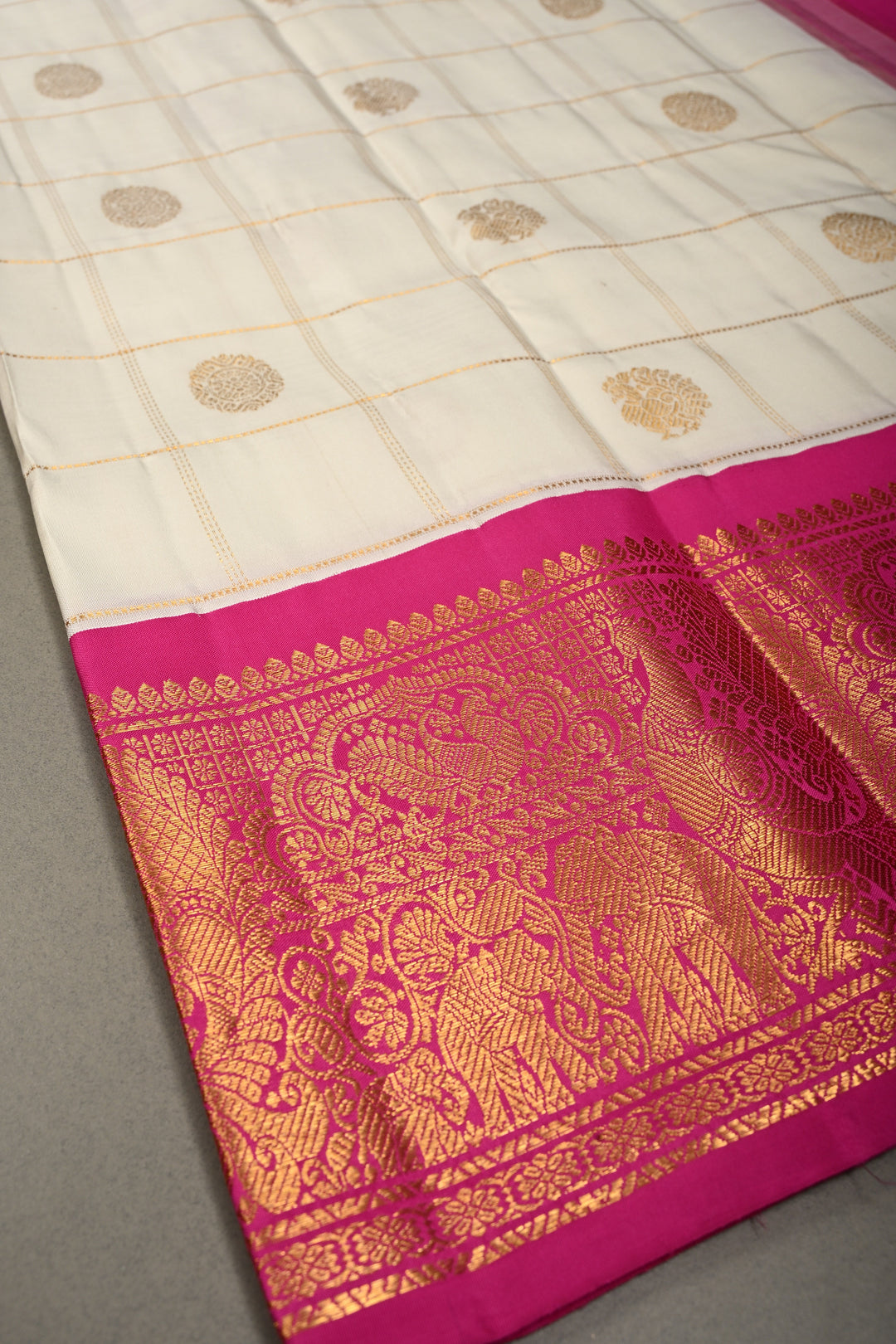 White Zari Checks on Korvai Gadwal Silk Saree with Zari Buttas and Contrast Zari Border | SILK MARK CERTIFIED