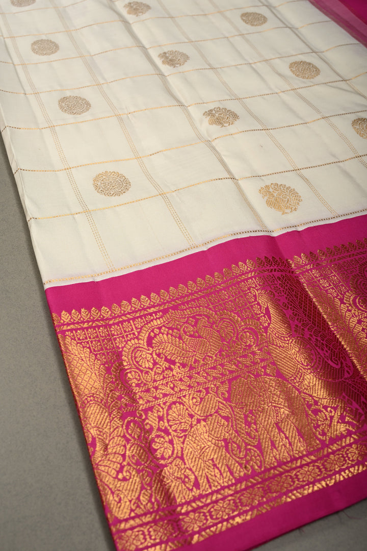 White Zari Checks on Korvai Gadwal Silk Saree with Zari Buttas and Contrast Zari Border | SILK MARK CERTIFIED