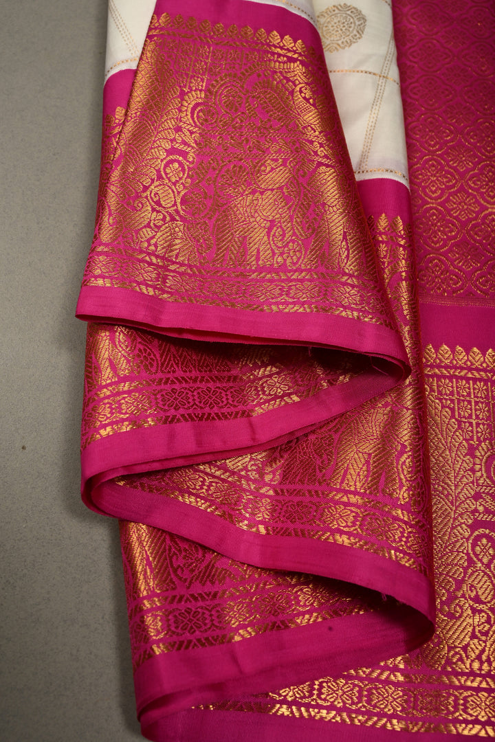 White Zari Checks on Korvai Gadwal Silk Saree with Zari Buttas and Contrast Zari Border | SILK MARK CERTIFIED