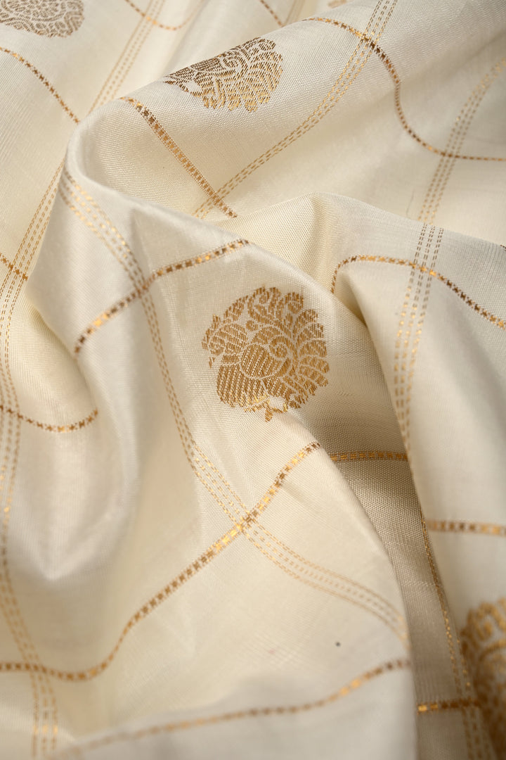 White Zari Checks on Korvai Gadwal Silk Saree with Zari Buttas and Contrast Zari Border | SILK MARK CERTIFIED