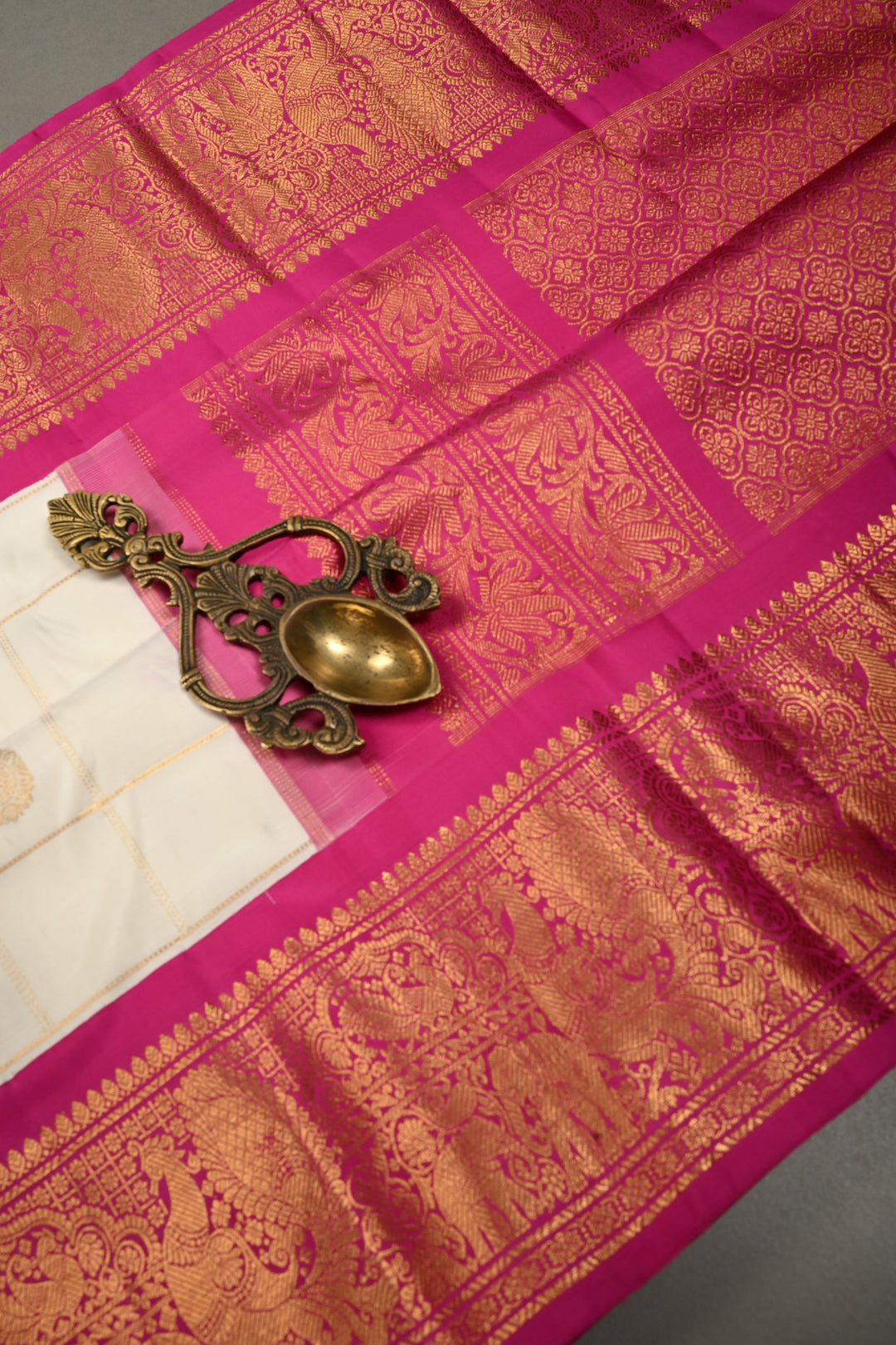 White Zari Checks on Korvai Gadwal Silk Saree with Zari Buttas and Contrast Zari Border | SILK MARK CERTIFIED