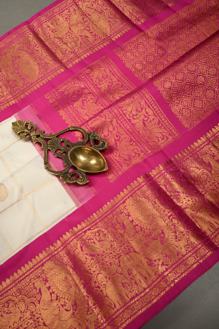 White Zari Checks on Korvai Gadwal Silk Saree with Zari Buttas and Contrast Zari Border | SILK MARK CERTIFIED