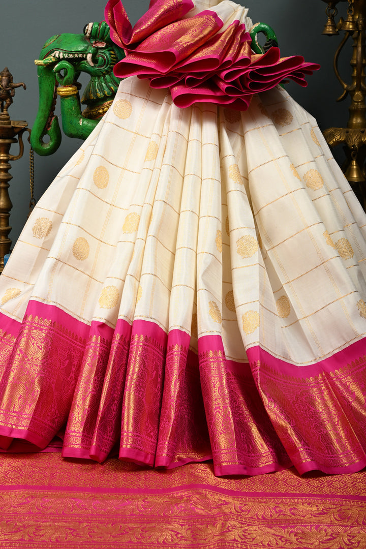 White Zari Checks on Korvai Gadwal Silk Saree with Zari Buttas and Contrast Zari Border | SILK MARK CERTIFIED