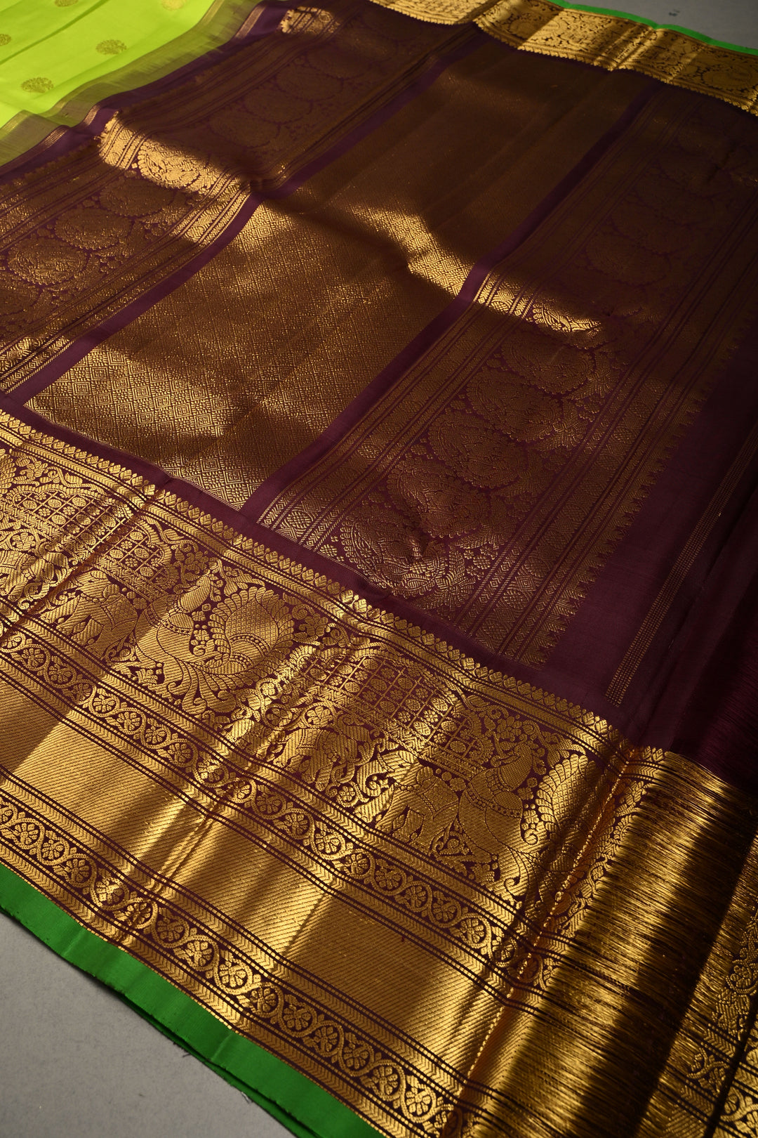 Parrot Green Korvai Pure Gadwal Silk Saree with Zari Buttas and Kanchana Contrast Wide Zari Border | SILK MARK CERTIFIED | SHOBITAM