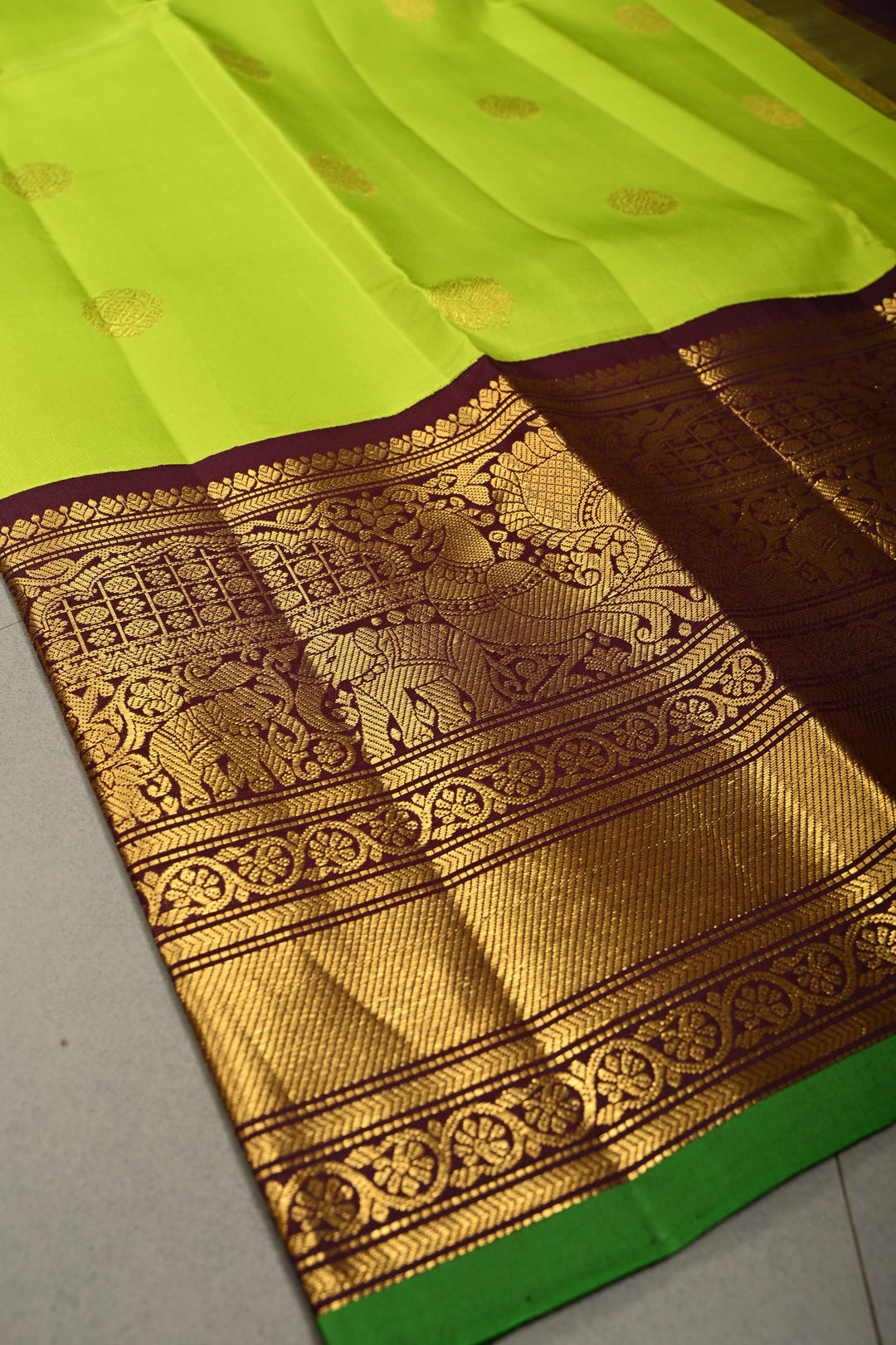 Parrot Green Korvai Pure Gadwal Silk Saree with Zari Buttas and Kanchana Contrast Wide Zari Border | SILK MARK CERTIFIED | SHOBITAM