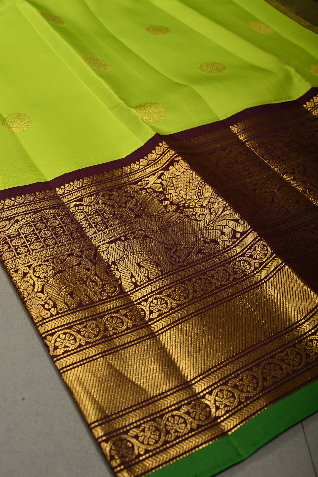 Parrot Green Korvai Pure Gadwal Silk Saree with Zari Buttas and Kanchana Contrast Wide Zari Border | SILK MARK CERTIFIED | SHOBITAM
