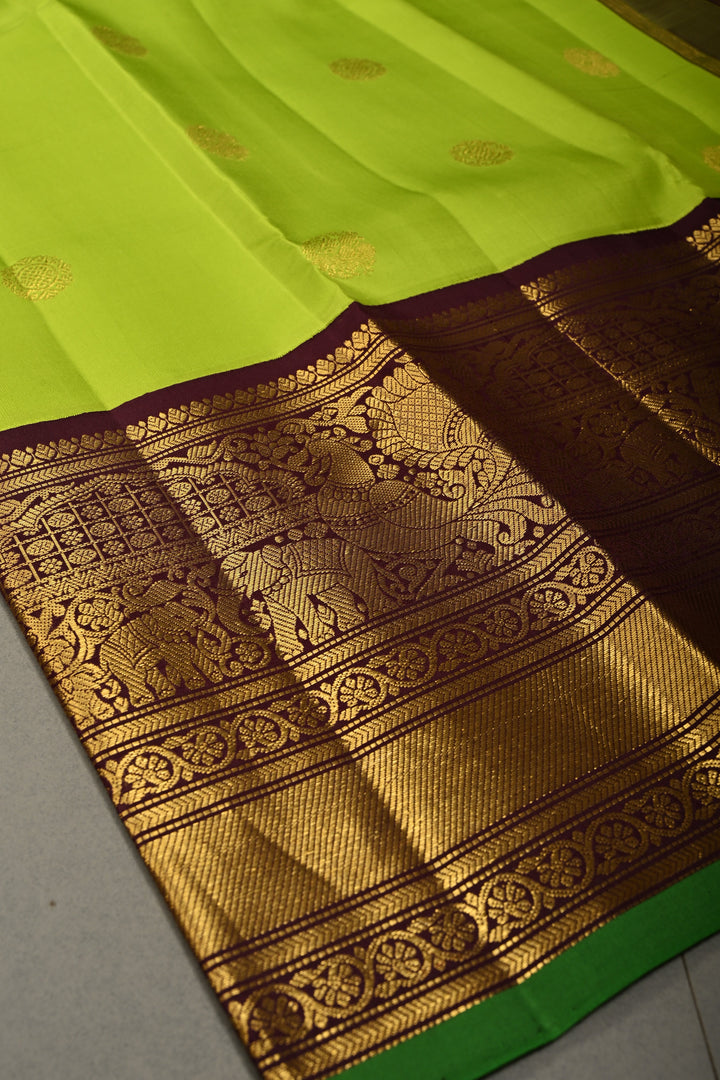 Parrot Green Korvai Pure Gadwal Silk Saree with Zari Buttas and Kanchana Contrast Wide Zari Border | SILK MARK CERTIFIED | SHOBITAM