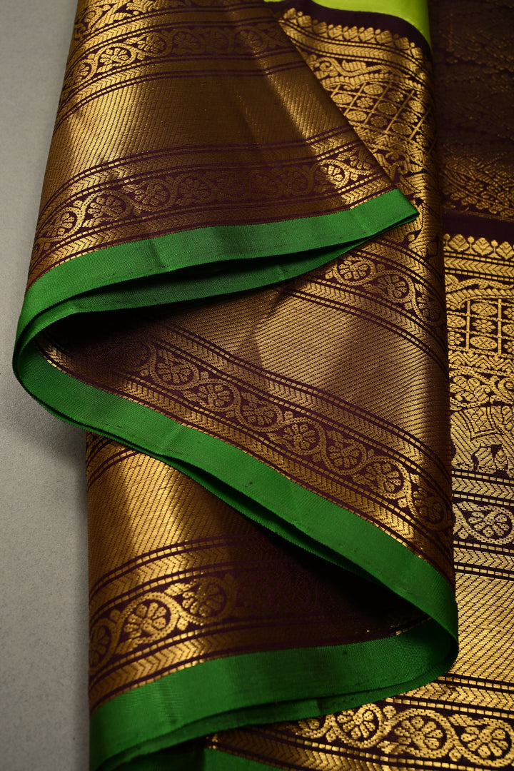 Parrot Green Korvai Pure Gadwal Silk Saree with Zari Buttas and Kanchana Contrast Wide Zari Border | SILK MARK CERTIFIED | SHOBITAM