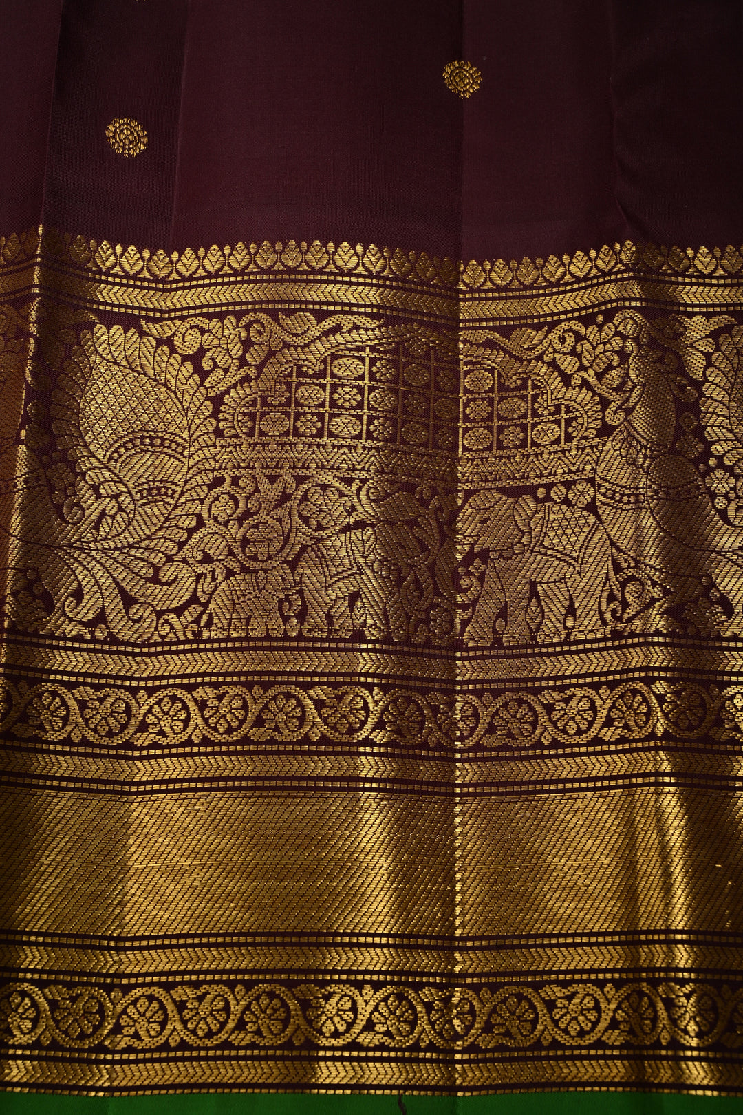 Parrot Green Korvai Pure Gadwal Silk Saree with Zari Buttas and Kanchana Contrast Wide Zari Border | SILK MARK CERTIFIED | SHOBITAM